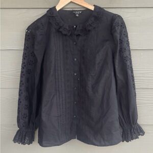 J Crew Black Eyelet Ruffle Lace Button down Blouse 100% Cotton Size Medium EUC